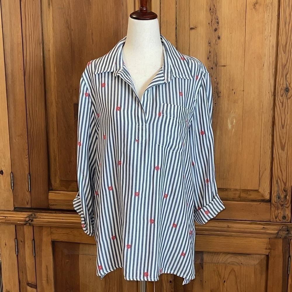 Multiples 100% Tencel Blue striped embroidery Popover roll tab sleeve bl…